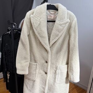 Tory Burch cream faux Sherpa long teddy coat